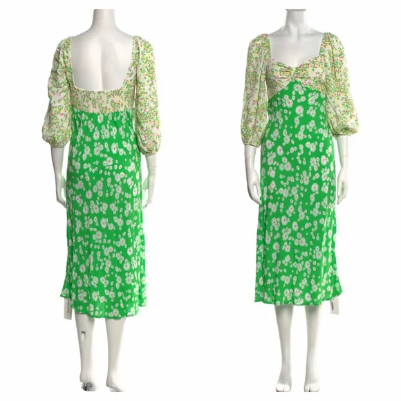 RIXO Target Green Daisy Puff Sleeve Boho Hippie Dress - 20/22 - Picture 6 of 8